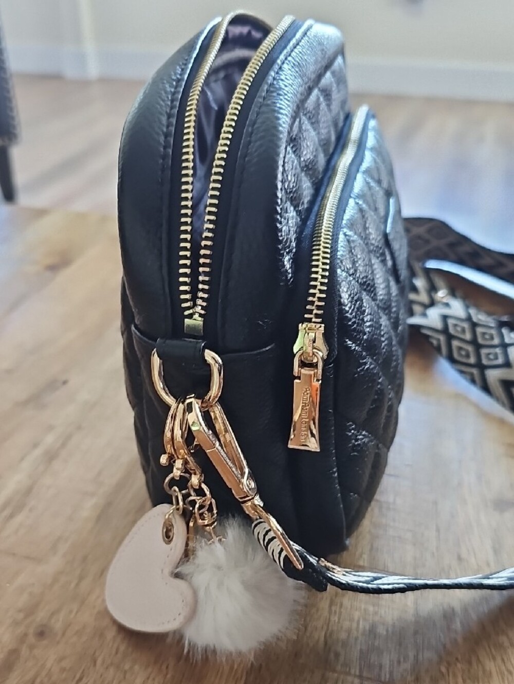 Black Quilted Crossbody Bag with Patterned Strap - Picture 3 of 5